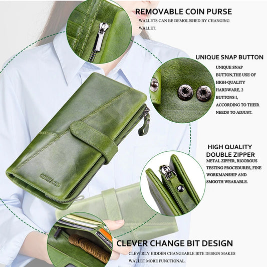 Contact’s Women’s Genuine Cowhide Leather Long Clutch Wallet – Fashion Organizer with Zipper & Hasp