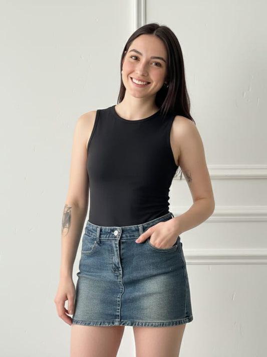 Sexy Retro High Waist Denim Mini Skirt with Inner Shorts