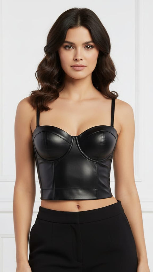 Leather Corset Bustier – Push-Up Gothic Crop Top